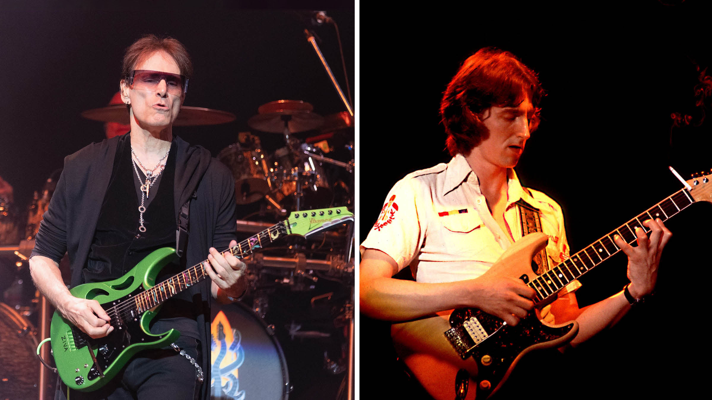 A composite image of Steve Vai [left] playing his green PIA Ibanez signature guitar onstage with the Satch/Vai band, and right, the late, great Allan Holdsworth playing an S-style with a cigarette smoking wedged on the strings.