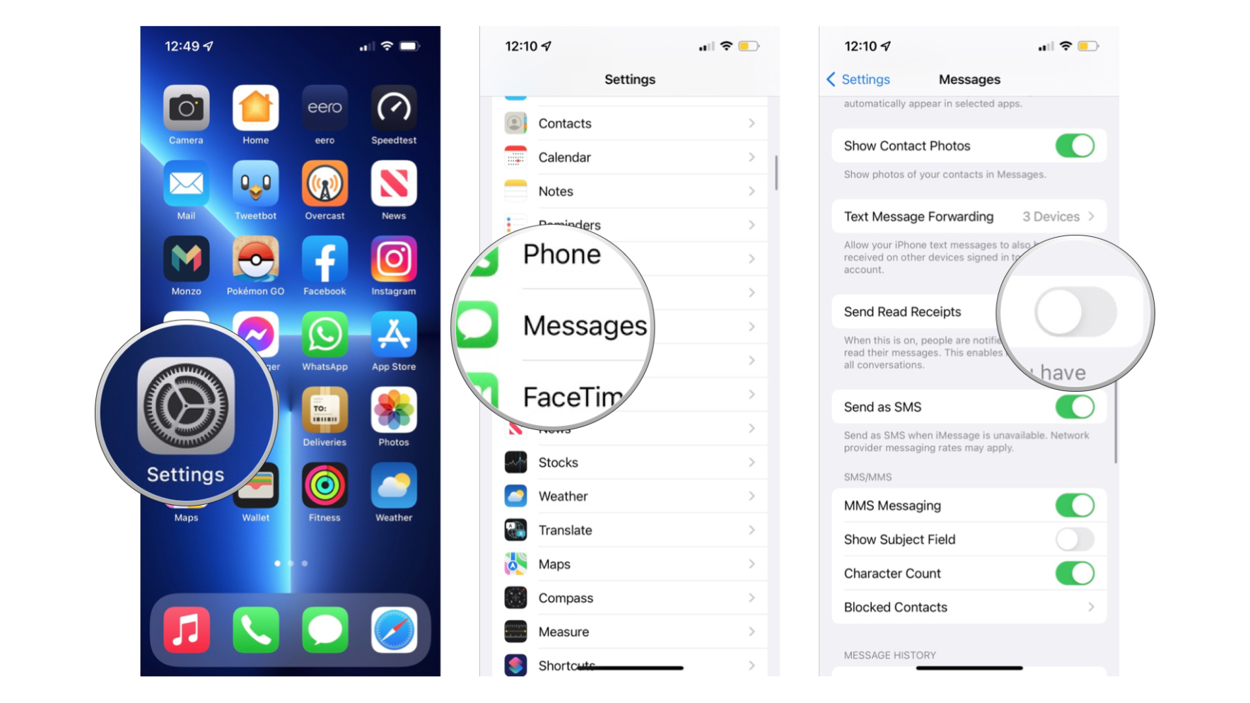 Tangkapan layar iMessages di iPhone dan opsi tanda terima baca