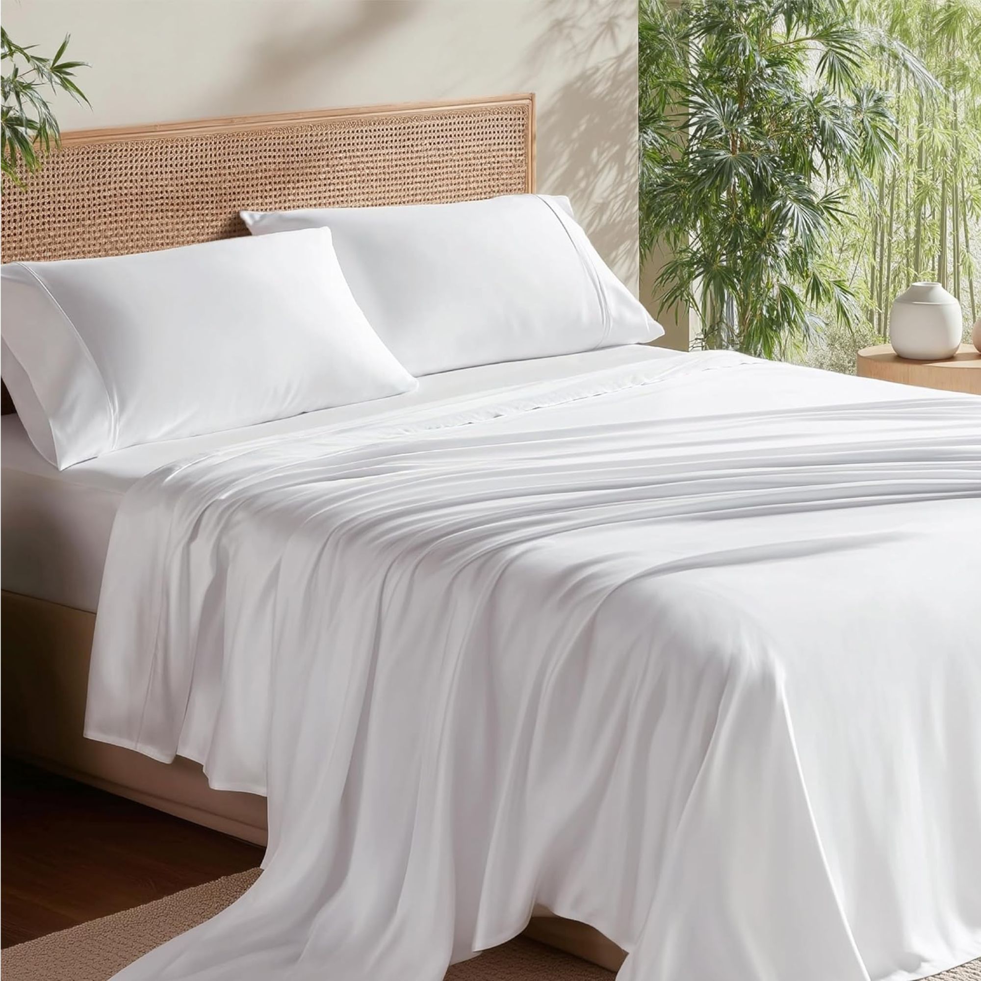 White BedSure cooling sheet set on a rattan bedframe, with large houseplants to either side