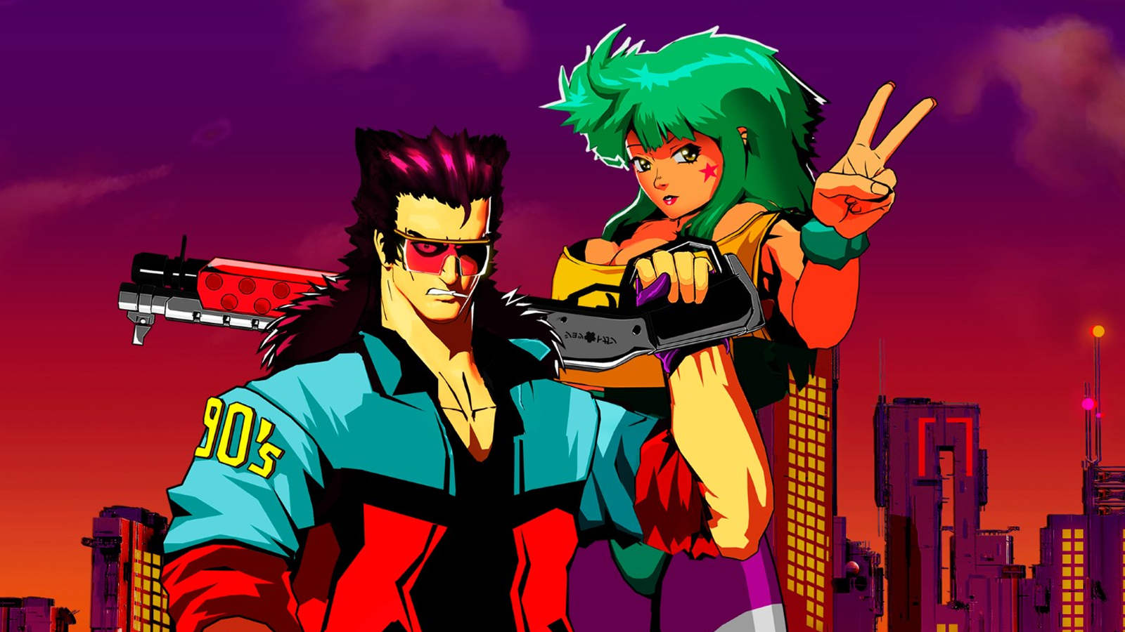 Anime characters pose from video game Mullet Madjack