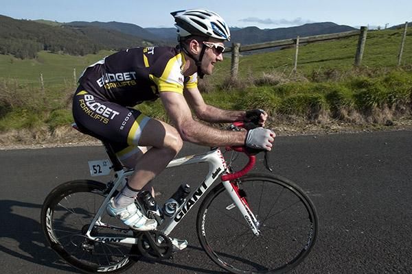 Peter Herzig (Budget Forklifts) finds the going tough on the steep ascent at Gunns Plains.