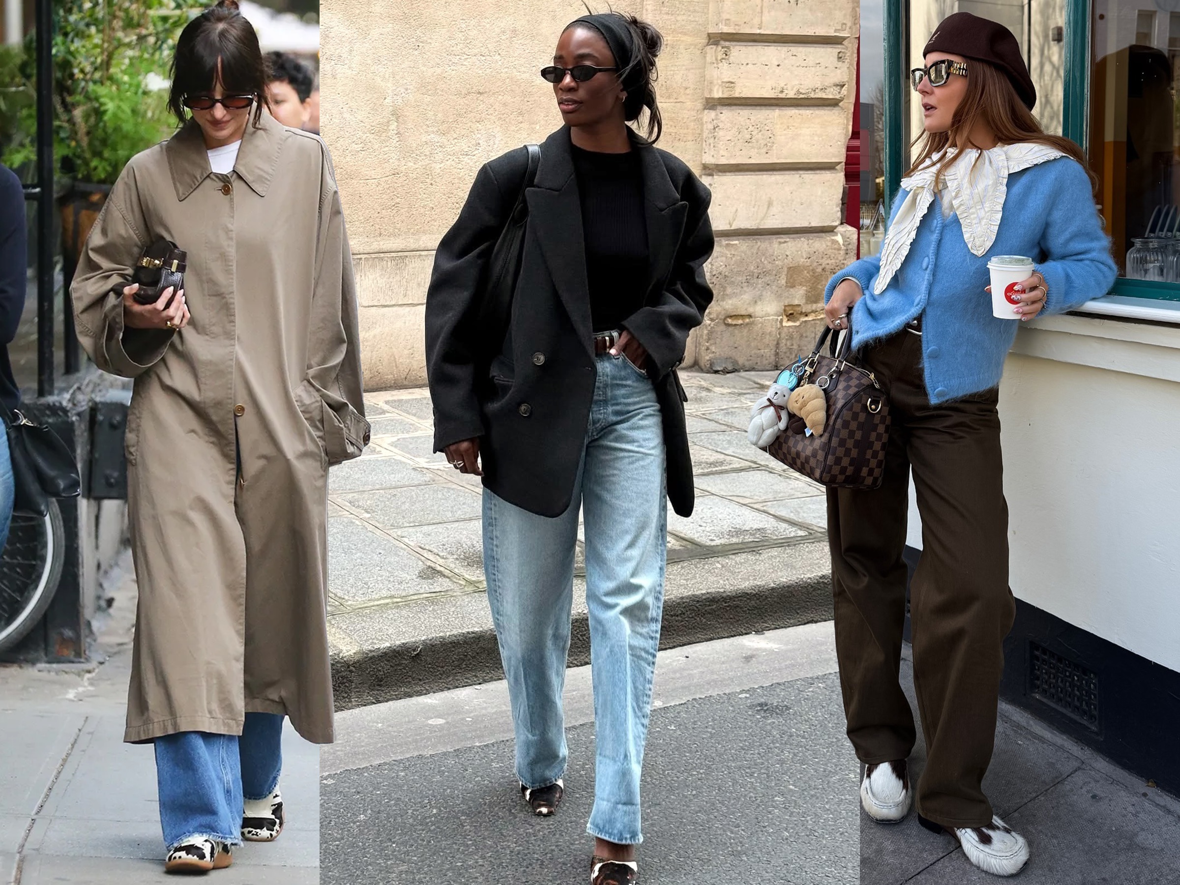 Fashion collage featuring Dakota Johnson, Liv Madeline, and Rebecca Ferraz Wyatt wearing chic outfits with the cow-print shoe trend.