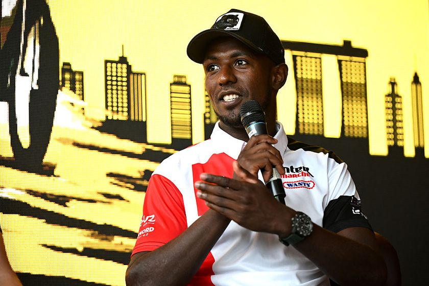 SINGAPORE, SINGAPORE - NOVEMBER 01: Biniam Girmay of Eritrea and Team Intermarché–Wanty during the press conference prior to the 4th Tour de France EFGH Singapore 2025 on November 01, 2025 in Singapore. (Photo by Szymon Gruchalski/Getty Images)