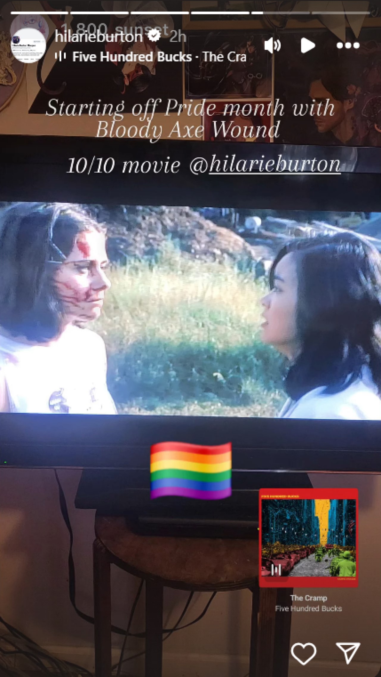 Hilarie Burton wishes fans a Happy Pride as she watches Bloody Axe Wound.