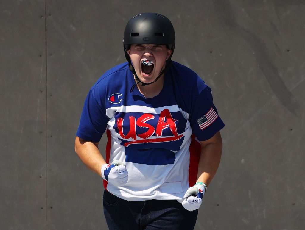 TOKYO JAPAN AUGUST 01 Hannah Roberts of Team United States reacts after completing her first run during the Womens Park Final of the BMX Freestyle on day nine of the Tokyo 2020 Olympic Games at Ariake Urban Sports Park on August 01 2021 in Tokyo Japan Photo by Ezra ShawGetty Images