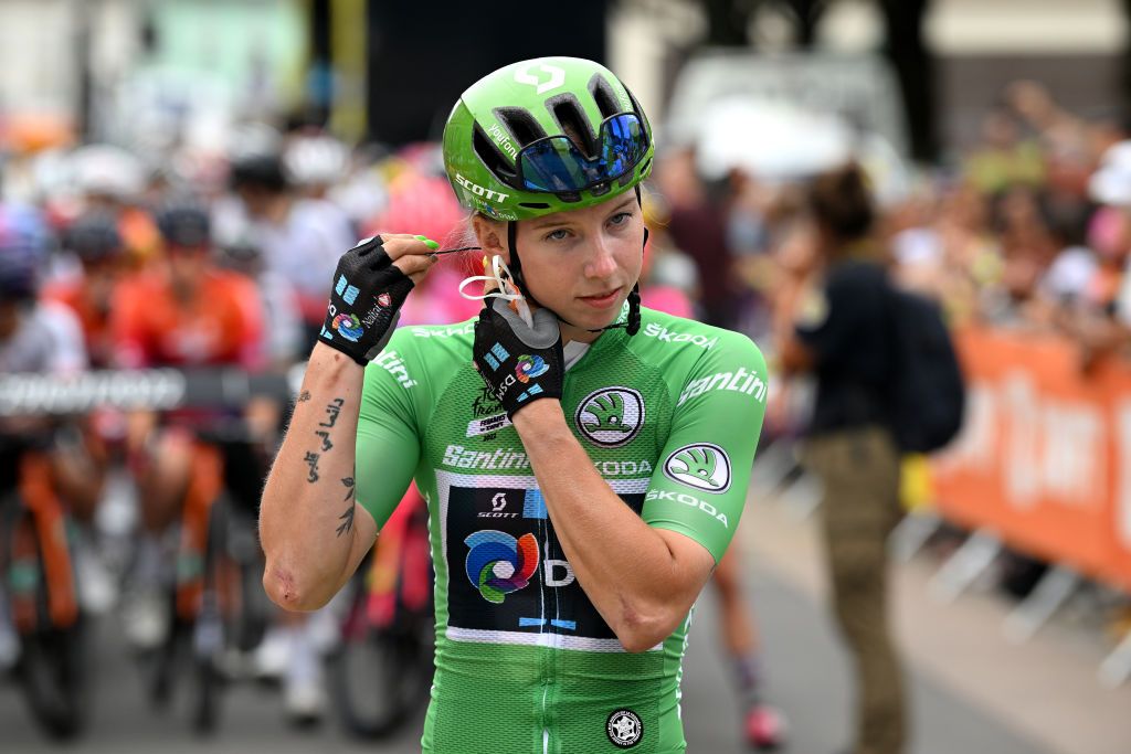 ROSHEIM FRANCE JULY 29 Lorena Wiebes of Netherlands and Team DSM Women Green Points Jersey prior to the 1st Tour de France Femmes 2022 Stage 6 a 1286km stage from SaintDidesVosges to Rosheim TDFF UCIWWT on July 29 2022 in Rosheim France Photo by Dario BelingheriGetty Images