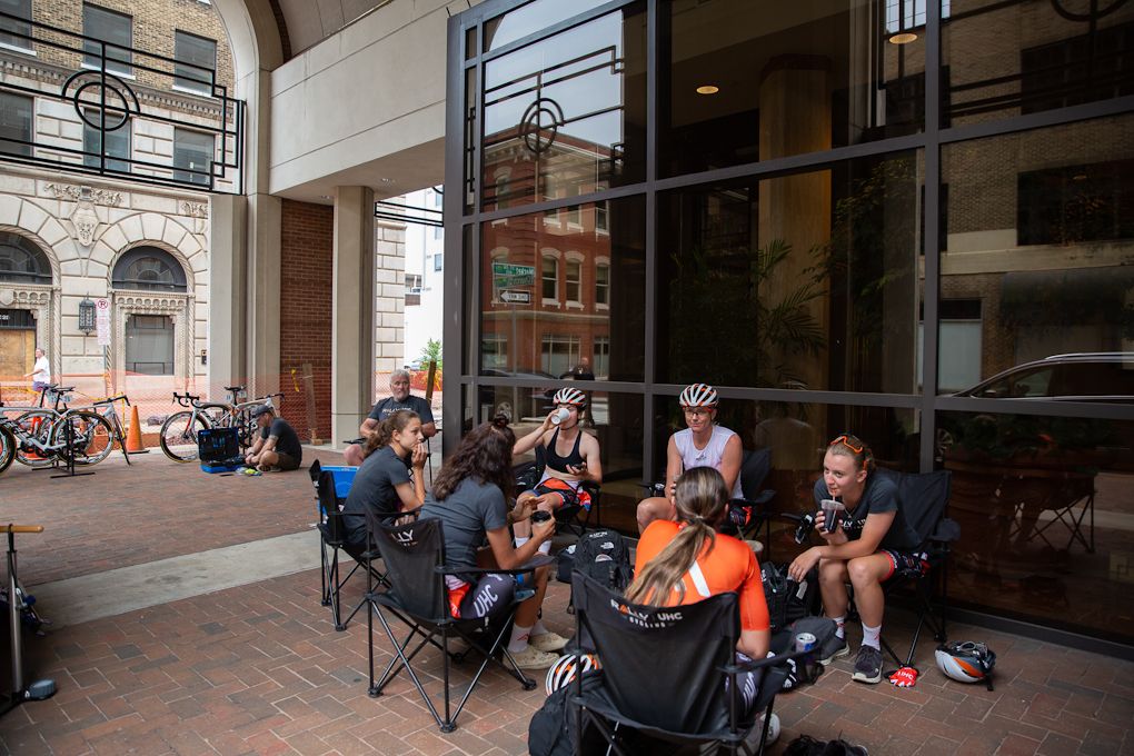 Rally riders wait for the start of the USPro criterium