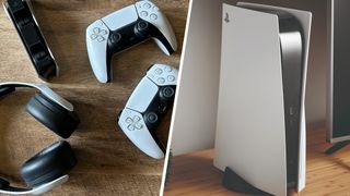 DualSense controllers, charger, Pulse 3D headset, and the PS5 console itself against wood