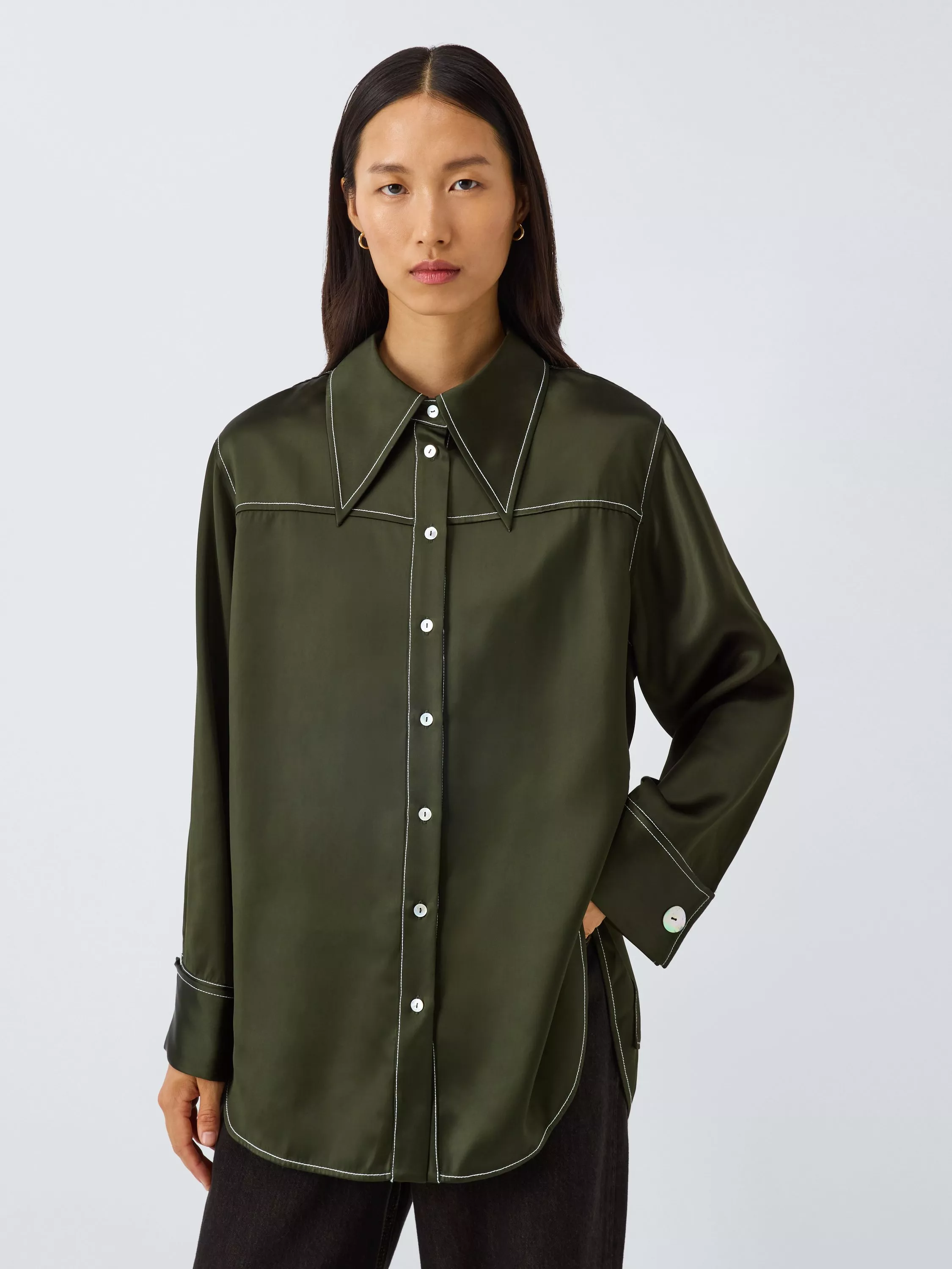 John Lewis X Rejina Pyo Satin Contrast Stitch Reversible Pocket Detail Shirt, Olive Green