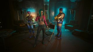 Cyberpunk 2077 dazed and confused - V is standing in front of Tool and Lina and is making the peace sign