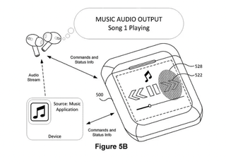 Screenshot from an Apple patent showing an AirPods case with a screen