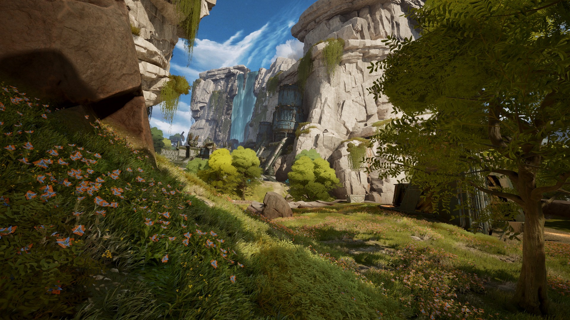 Grassy hills and cliffs in a Highguard map