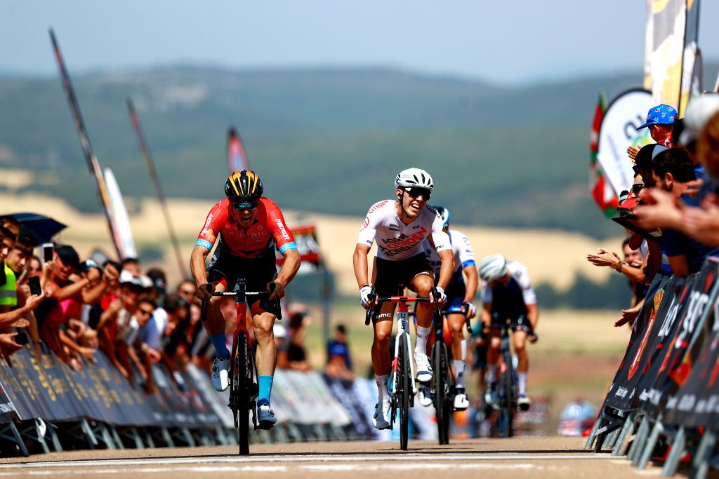 CLUNIA SPAIN AUGUST 05 Matevz Govekar of Slovenia and Team Bahrain Victorious and Valentin Retailleau of France and Ag2R Citroen Team sprint to win during the 44th Vuelta a Burgos 2022 Stage 4 a 169km stage from Torresandino to Ciudad Romana de Clunia VueltaBurgos on August 05 2022 in Clunia Spain Photo by Gonzalo Arroyo MorenoGetty Images