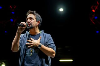 American composer Lin-Manuel Miranda speaks at a "Get Out The Vote" rally on October 18, 2022 in Houston, Texas. With less than three weeks away from the midterm election, Democratic gubernatorial candidate Beto O'Rourke and other candidates continue campaigning across the state of Texas leading up to the November 8 midterm election.