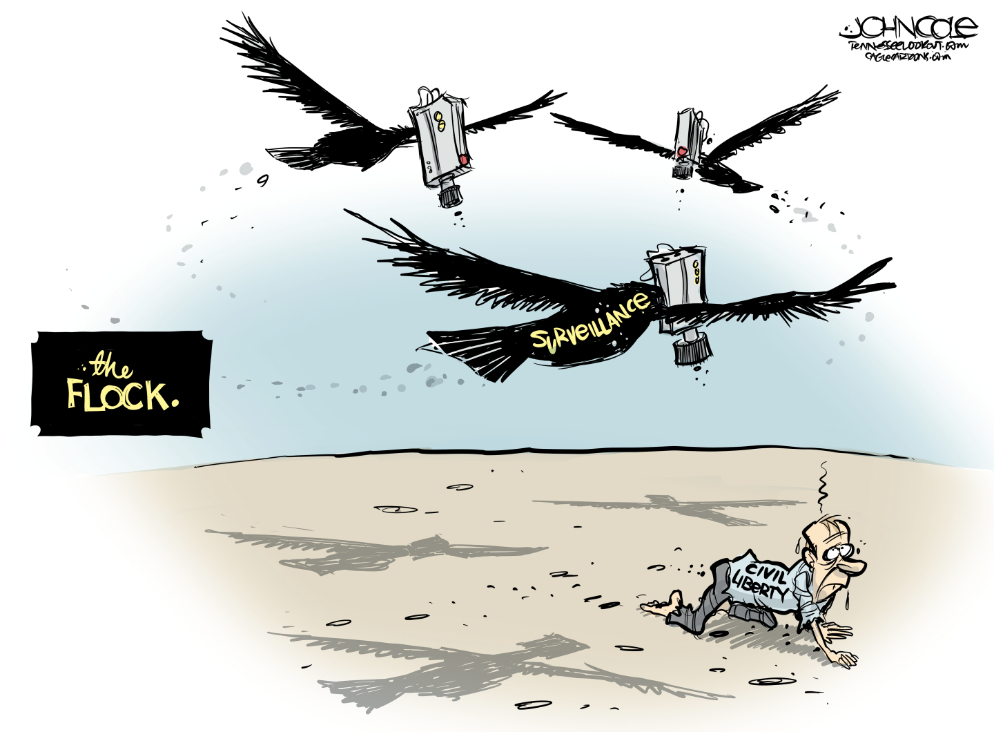 This cartoon is titled &amp;ldquo;the FLOCK&amp;rdquo;. A distressed man labeled &amp;ldquo;civil liberty&amp;rdquo; crawls through the desert. He looks up where three buzzards circle him. The birds are labeled &amp;ldquo;surveillance&amp;rdquo; and have FLOCK cameras instead of heads.