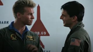Iceman (Val Kilmer) and Maverick (Tom Cruise) talk in Top Gun