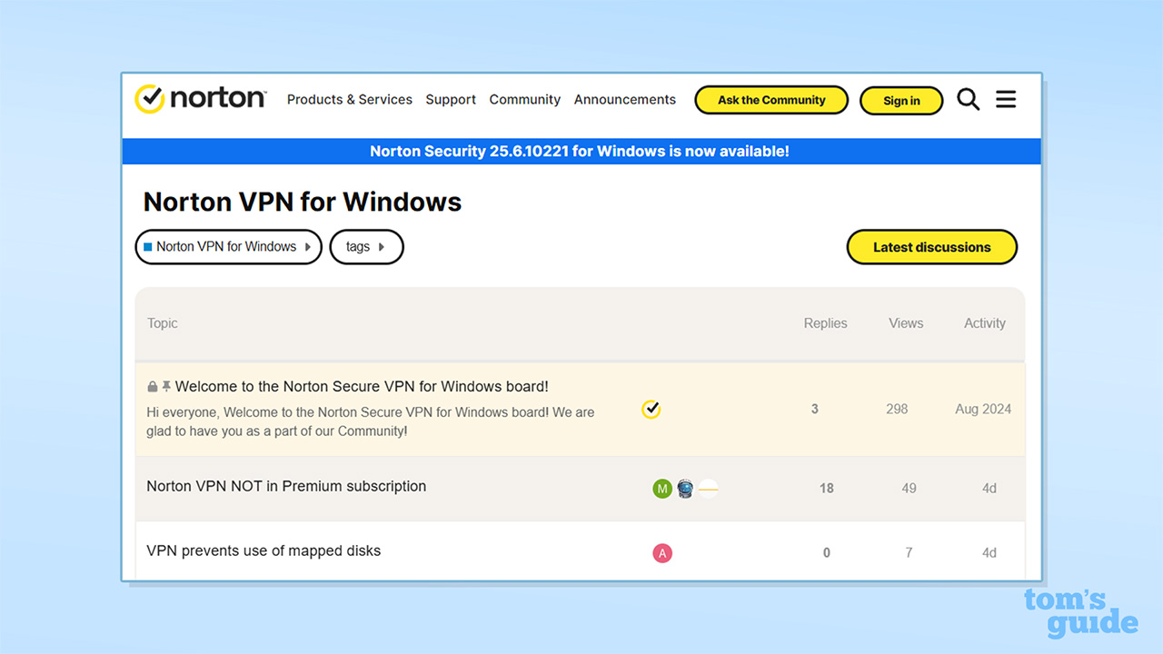 Screenshot of Norton VPN's community forum