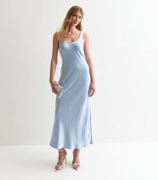 Tall Light Blue Satin Bias Cut Maxi Slip Dress