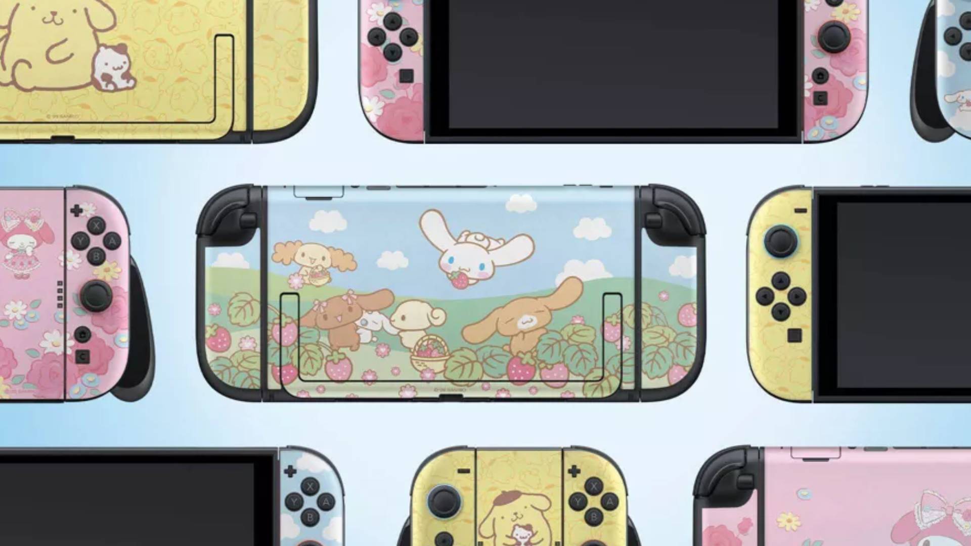 Official marketing image by Razer showing the range of Sanrio console skins for the Nintendo Switch 2.