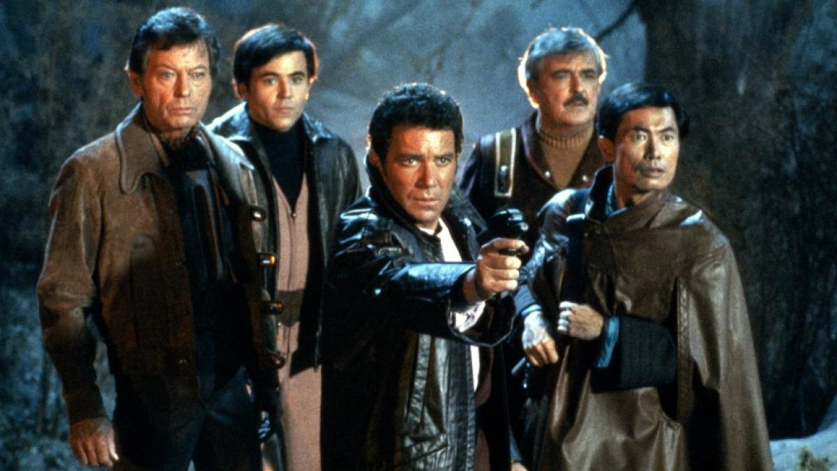 Walter Koenig, William Shatner, James Doohan, DeForest Kelley, and George Takei in Star Trek III The Search for Spock (1984)_Paramount Pictures