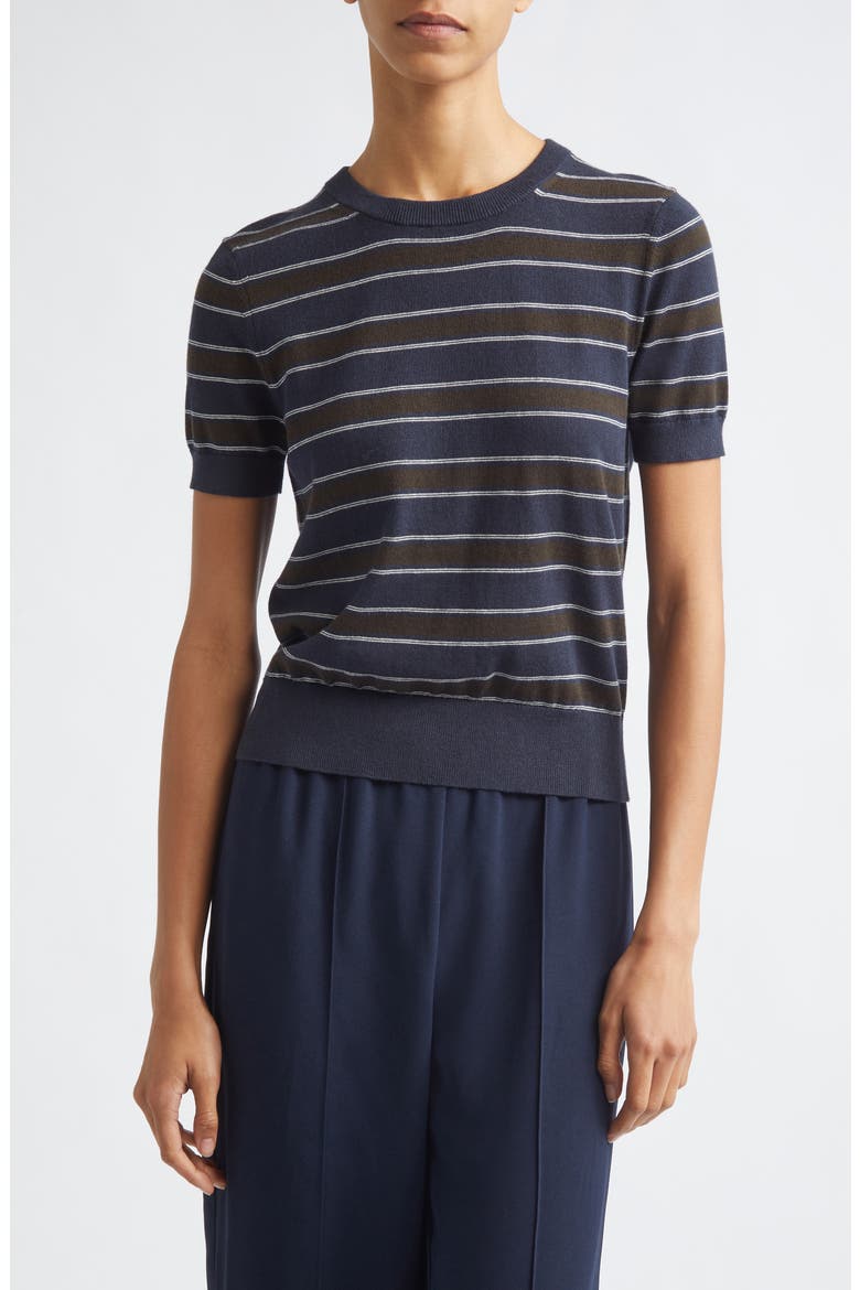 Stripe Short Sleeve Cotton &amp; Cashmere Sweater T-Shirt