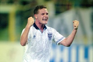Paul Gascoigne celebrates after England's win over Belgium at the 1990 World Cup.