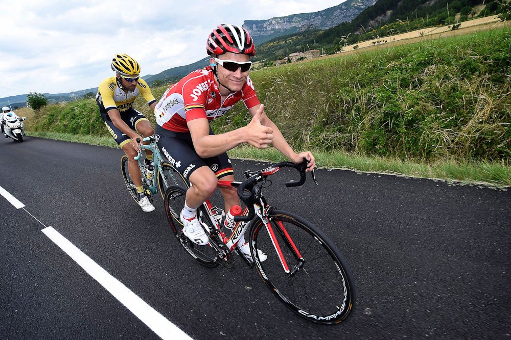 Tosh Van der Sand gives the thumbs up from the breakaway.
