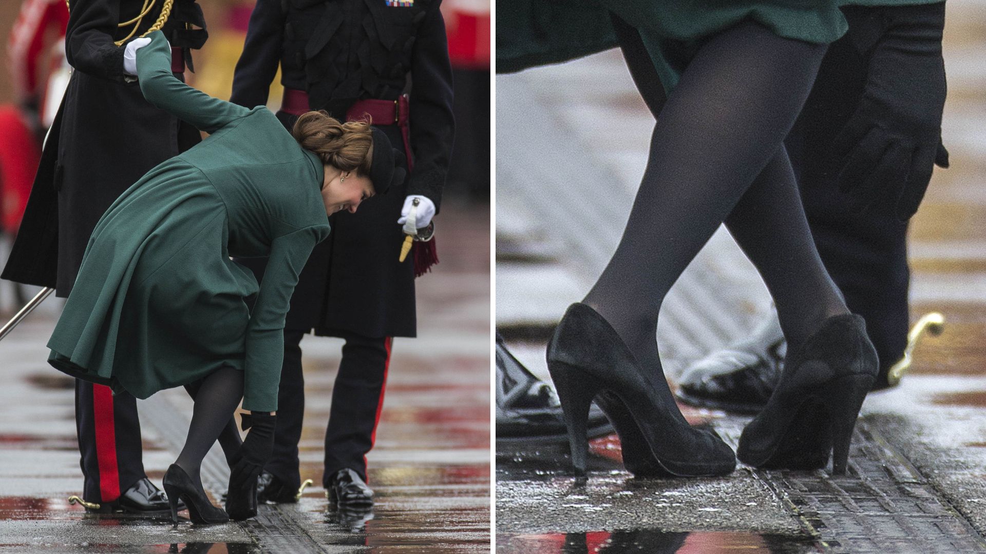 A composite image showing Kate Middleton getting her heel stuck during the St Patrick's Day Parade in Aldershot, 2013