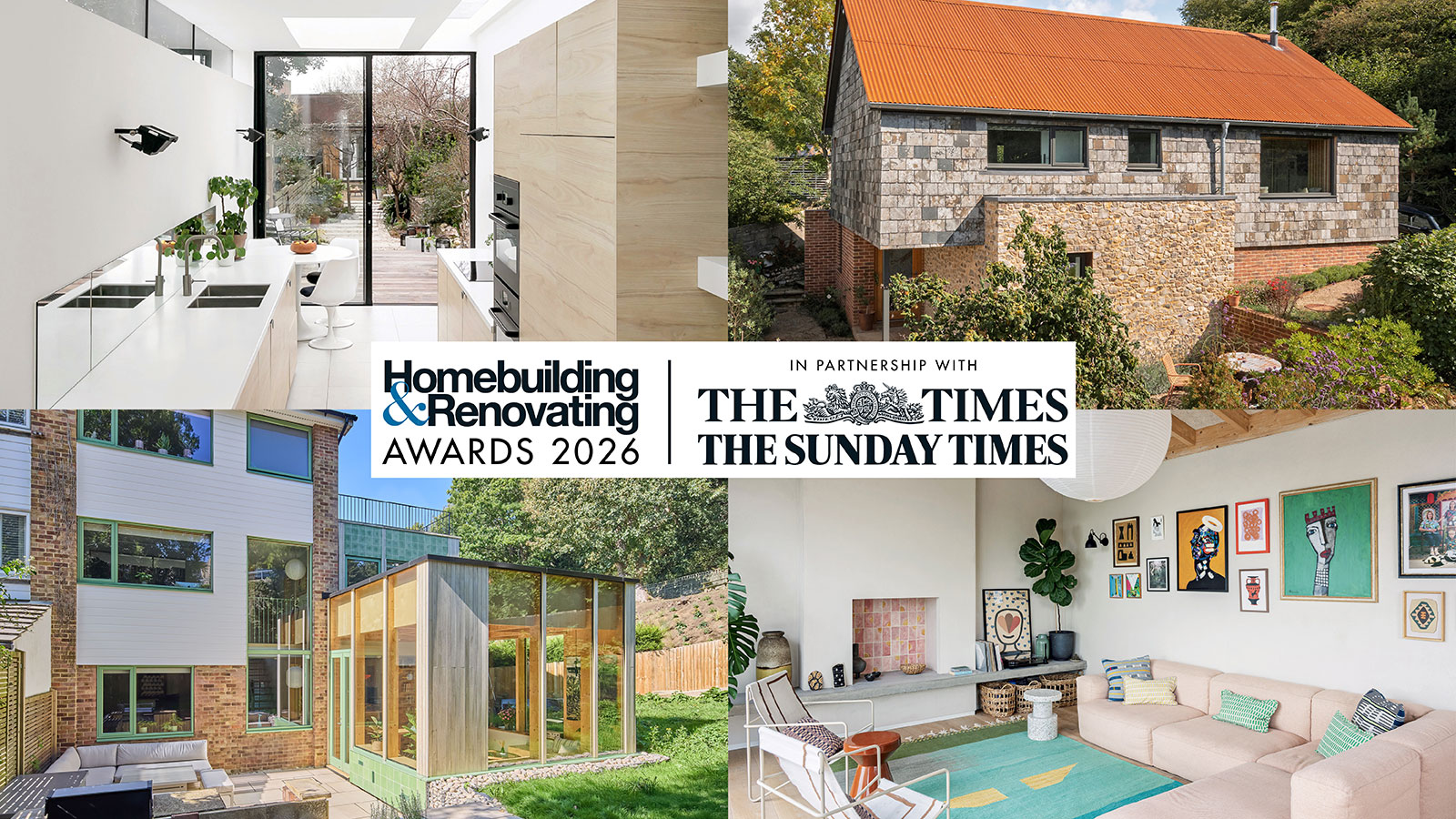 exterior and interior images of four different houses including the interior of a modern kitchen extension, a self-build home, a living room with a corner pink sofa and an extended terrace house