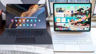 Samsung Galaxy Tab S8 Ultra vs iPad Pro 2021 in a compositional image that makes it look like they're facing off