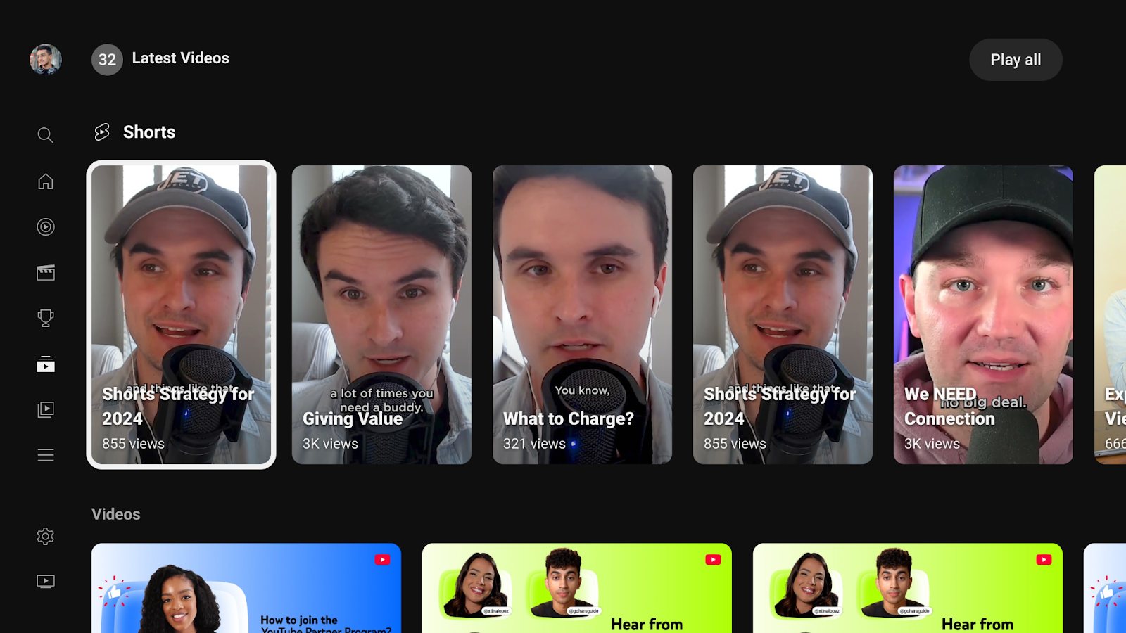 The YouTube Shorts section atop the YouTube TV subscription feed.