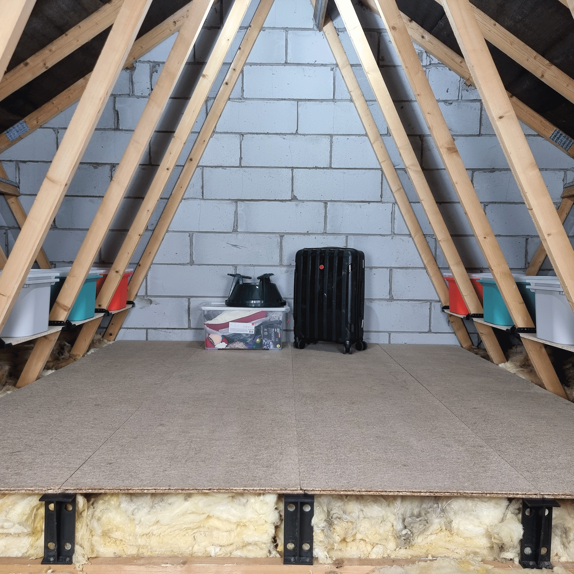 Loft with storage boxes stacked up