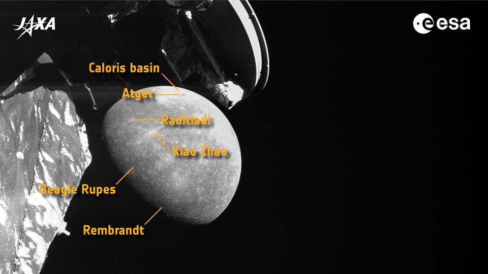 Planet Mercury photographed by the BepiColombo spacecraft during a gravity-assist flyby in June 2023.