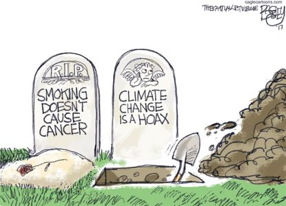 Editorial Cartoon U.S. Conspiracy theory climate change hoax smoking cancer