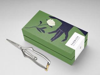 Green box with an blue hand reach for a white rose printed on top