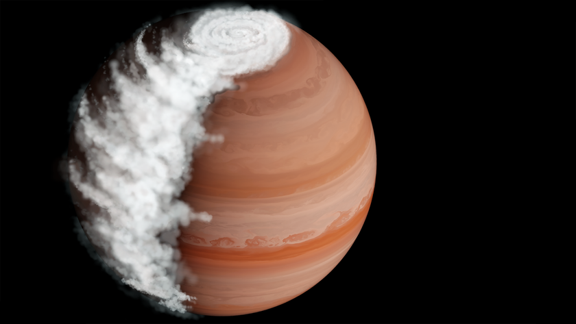 An illustration of an orange striped world with white puffy clouds toward its left side.