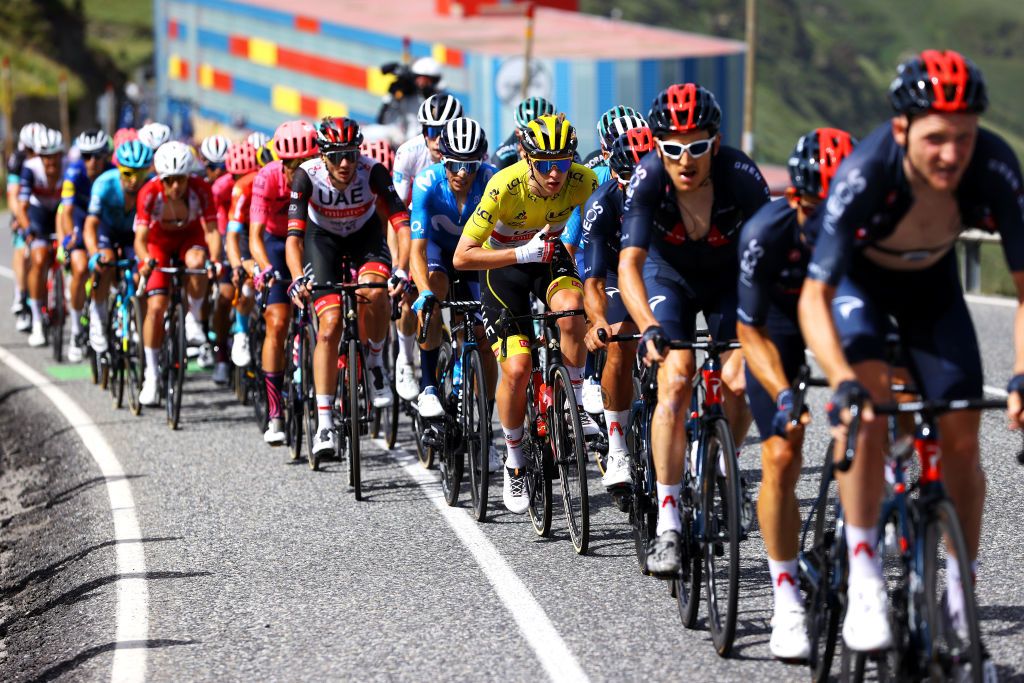 ANDORRELAVIEILLE ANDORRA JULY 11 Tadej Pogaar of Slovenia and UAETeam Emirates yellow leader jersey during the 108th Tour de France 2021 Stage 15 a 1913km stage from Cret to AndorrelaVieille LeTour TDF2021 on July 11 2021 in AndorrelaVieille Andorra Photo by Tim de WaeleGetty Images