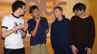 Blur's Graham Coxon, Damon Albarn, Dave Rowntree and Alex James at album launch on February 1, 1997 in London.