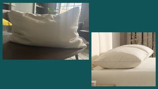 Two images of the Birch Organic Pillow against a green background: On the left is a photo of the Birch Organic Pillow in our reviewer's bedroom. On the right, the pillow on a bed