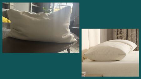 Two images of the Birch Organic Pillow against a green background: On the left is a photo of the Birch Organic Pillow in our reviewer's bedroom. On the right, the pillow on a bed