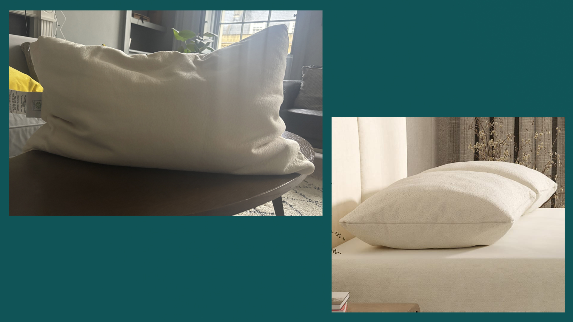 Two images of the Birch Organic Pillow against a green background: On the left is a photo of the Birch Organic Pillow in our reviewer's bedroom. On the right, the pillow on a bed