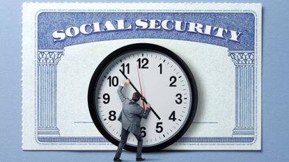 A clock stands in front of a large Social Security card
