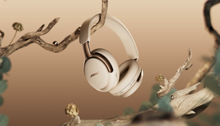 Bose QCU Headphones (2nd Gen) in 'Driftwood Sand' on tree branch, with pearls also growing on the tree