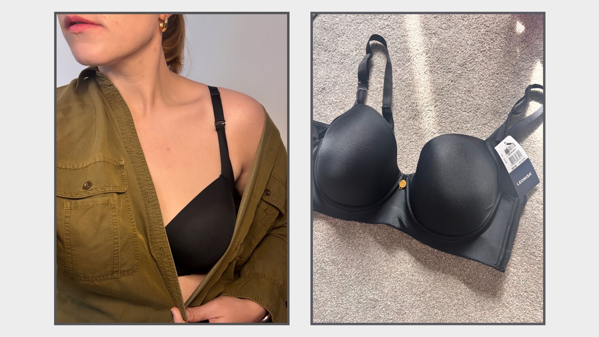 Matilda wearing the bra next to a flat lay shot