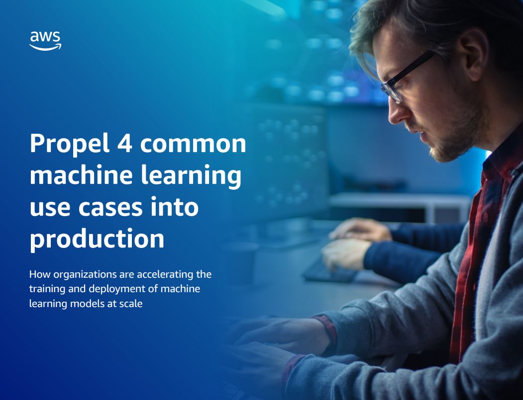 A whitepaper from AWS on how to put machine learning in to production, with image of man with glasses at a workstation