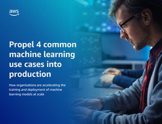 A whitepaper from AWS on how to put machine learning in to production, with image of man with glasses at a workstation