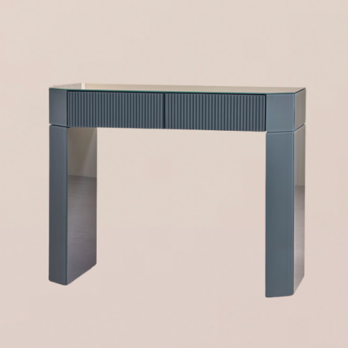 A glossy blue console table
