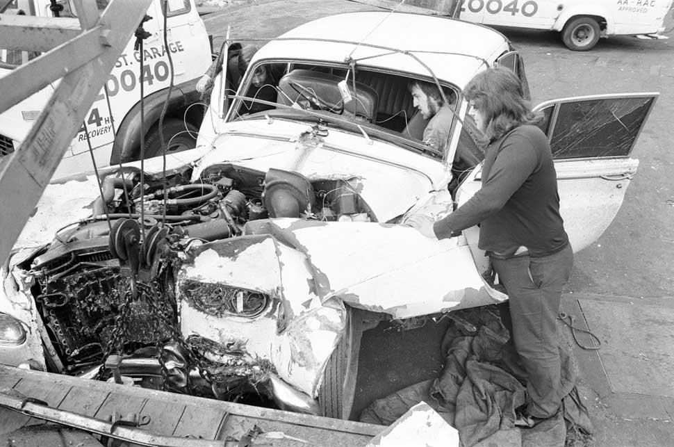 Don Powell, drummer with Slade, was badly injured in a serious car crash in Wolverhampton, in which his girlfriend Angela Morris was killed, 4th July 1973