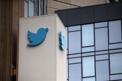 A sign is posted on the exterior of Twitter headquarters on July 26, 2018 in San Francisco, California. 