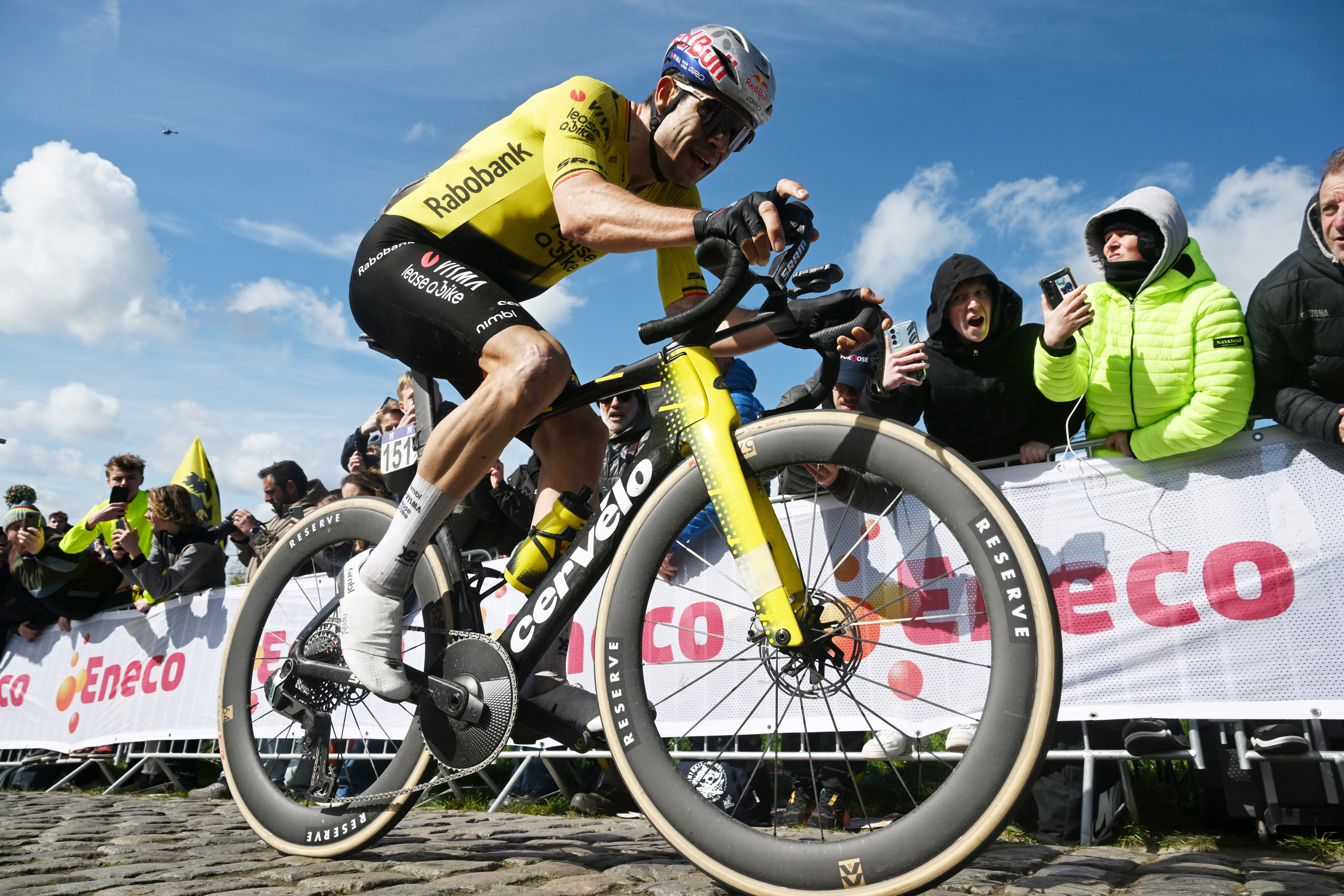 Wout van Aert of Belgium and Team Visma | Lease a Bike competes in the chase group passing through the Paterberg cobblestones sector during the 110th Tour of Flanders 